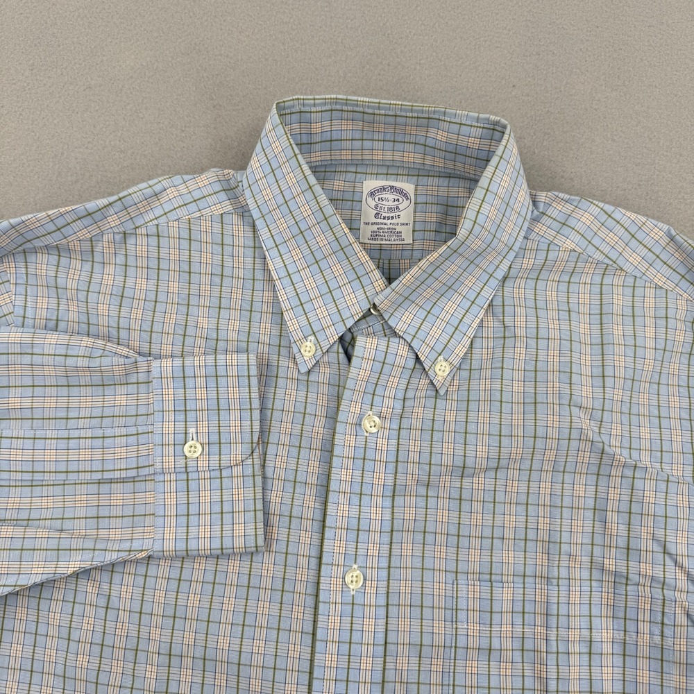 Brooks Brothers Classic Long Sleeve Dress Shirt 15.5-34 Blue/Yellow Plaid Preppy